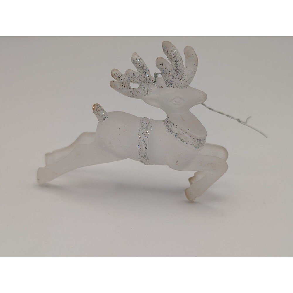 Vintage Frosted Acrylic Plastic Jumping Reindeer Christmas Ornament White Silver
